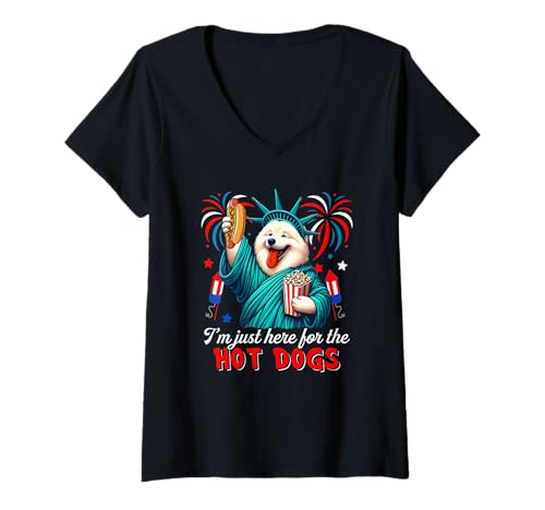 Damen Here For Hot Dogs 4th Of July Samoyed Cosplay Statue T-Shirt mit V-Ausschnitt von Dog 4th Of July Costume