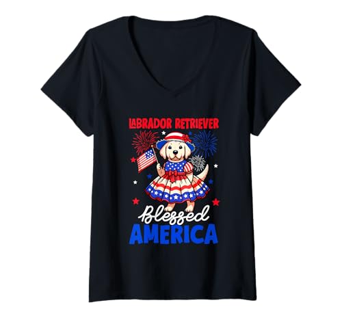 Damen Labrador Retriever Bless American 4th Of July US Flag Owner T-Shirt mit V-Ausschnitt von Dog 4th Of July Costume