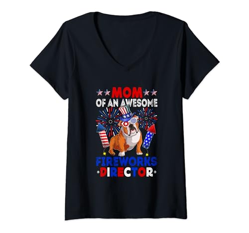 Damen Mom Of An Awesome Fireworks Director English Bulldog T-Shirt mit V-Ausschnitt von Dog 4th Of July Costume
