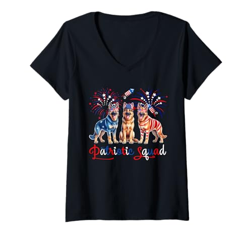 Damen Patriotic Squad 4th July US Flag Three Cute German Shepherds T-Shirt mit V-Ausschnitt von Dog 4th Of July Costume