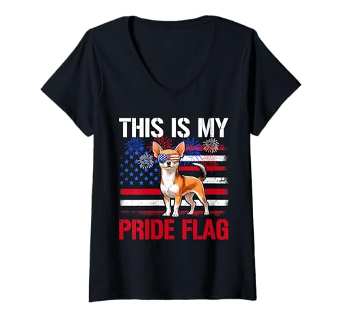 Damen Pride Flag 4th July US Flag Chihuahua Sunglasses Patriotic T-Shirt mit V-Ausschnitt von Dog 4th Of July Costume