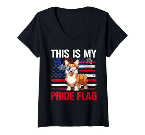 Damen Pride Flag 4th July US Flag Corgi Sunglasses Patriotic T-Shirt mit V-Ausschnitt Damen Pride Flag 4th July US Flag Corgi Sunglasses Patriotic T-Shirt mit V-Ausschnitt von Dog 4th Of July Costume