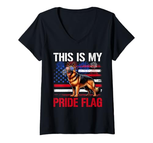 Damen Pride Flag 4th July US Flag German Shepherd Sunglasses T-Shirt mit V-Ausschnitt von Dog 4th Of July Costume