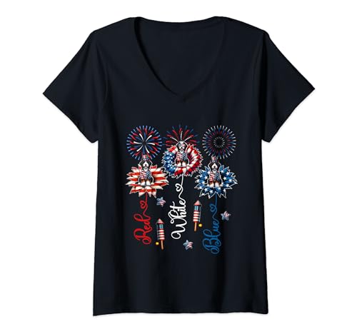 Damen Red Blue White Three Cute Bernedoodles On Floral 4th July T-Shirt mit V-Ausschnitt von Dog 4th Of July Costume