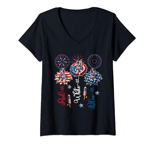 Damen Red Blue White Three Cute French Bulldogs On Floral 4th July T-Shirt mit V-Ausschnitt von Dog 4th Of July Costume