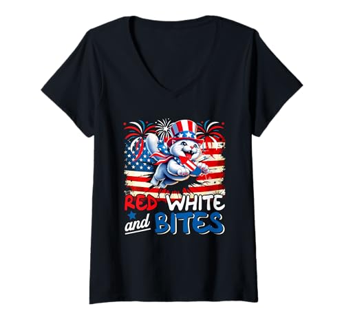 Damen Red White And Bites 4th Of July US Flag Cat Funny Owner T-Shirt mit V-Ausschnitt Damen Red White And Bites 4th Of July US Flag Cat Funny Owner T-Shirt mit V-Ausschnitt von Dog 4th Of July Costume