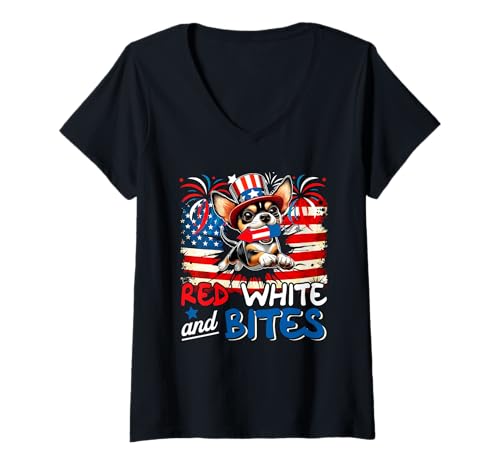 Damen Red White And Bites 4th Of July US Flag Chihuahua Owner T-Shirt mit V-Ausschnitt von Dog 4th Of July Costume
