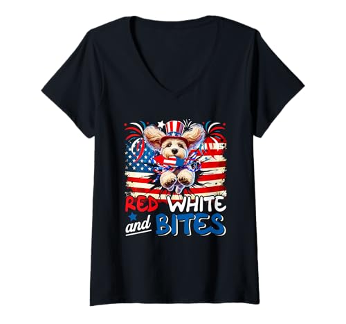 Damen Red White And Bites 4th Of July US Flag Cockapoo Funny Owner T-Shirt mit V-Ausschnitt Damen Red White And Bites 4th Of July US Flag Cockapoo Funny Owner T-Shirt mit V-Ausschnitt von Dog 4th Of July Costume