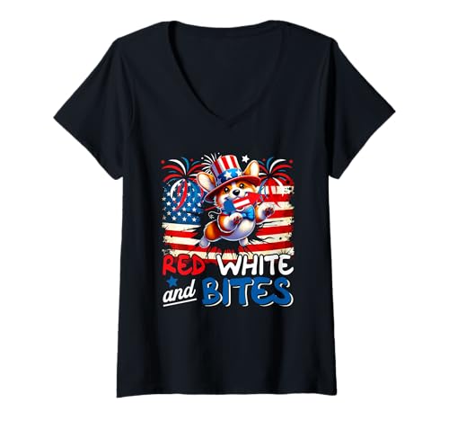 Damen Red White And Bites 4th Of July US Flag Corgi Funny Owner T-Shirt mit V-Ausschnitt von Dog 4th Of July Costume