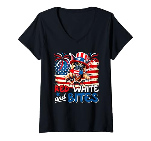 Damen Red White And Bites 4th Of July US Flag German Shepherd T-Shirt mit V-Ausschnitt Damen Red White And Bites 4th Of July US Flag German Shepherd T-Shirt mit V-Ausschnitt von Dog 4th Of July Costume