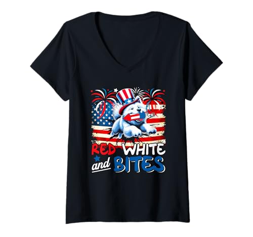 Damen Red White And Bites 4th Of July US Flag Samoyed Funny Owner T-Shirt mit V-Ausschnitt Damen Red White And Bites 4th Of July US Flag Samoyed Funny Owner T-Shirt mit V-Ausschnitt von Dog 4th Of July Costume