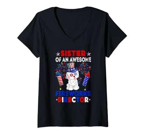 Damen Sister Of An Awesome Fireworks Director Bichon Frise T-Shirt mit V-Ausschnitt von Dog 4th Of July Costume