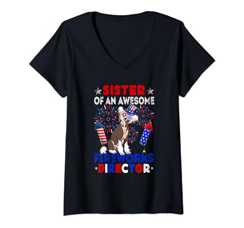 Damen Sister Of An Awesome Fireworks Director Chinese Crested Dog T-Shirt mit V-Ausschnitt von Dog 4th Of July Costume