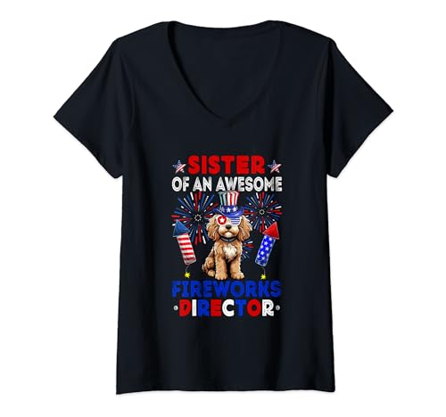 Damen Sister Of An Awesome Fireworks Director Cockapoo 4th July T-Shirt mit V-Ausschnitt von Dog 4th Of July Costume