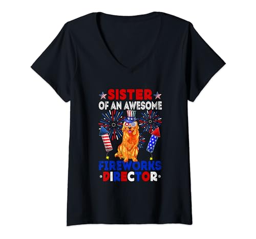 Damen Sister Of An Awesome Fireworks Director Golden Retriever T-Shirt mit V-Ausschnitt von Dog 4th Of July Costume