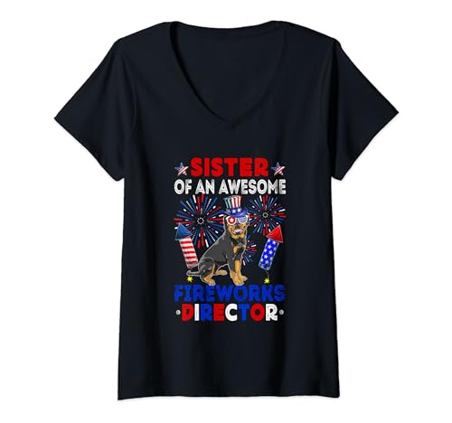 Damen Sister Of An Awesome Fireworks Director Rottweiler 4th July T-Shirt mit V-Ausschnitt von Dog 4th Of July Costume