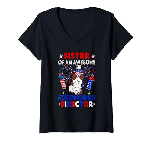 Damen Sister Of Fireworks Director English Springer Spaniel T-Shirt mit V-Ausschnitt von Dog 4th Of July Costume