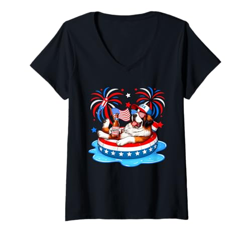 Damen St. Bernard Sunglasses Drinking Beer Relaxing 4th July Owner T-Shirt mit V-Ausschnitt Damen St. Bernard Sunglasses Drinking Beer Relaxing 4th July Owner T-Shirt mit V-Ausschnitt von Dog 4th Of July Costume