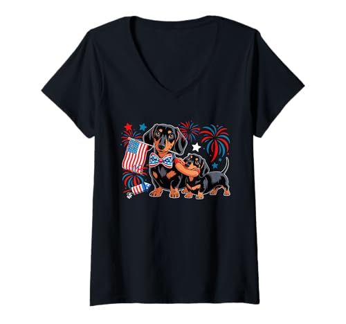 Damen Two Cute Dachshunds Holding US Flag Sausage 4th July Owner T-Shirt mit V-Ausschnitt von Dog 4th Of July Costume