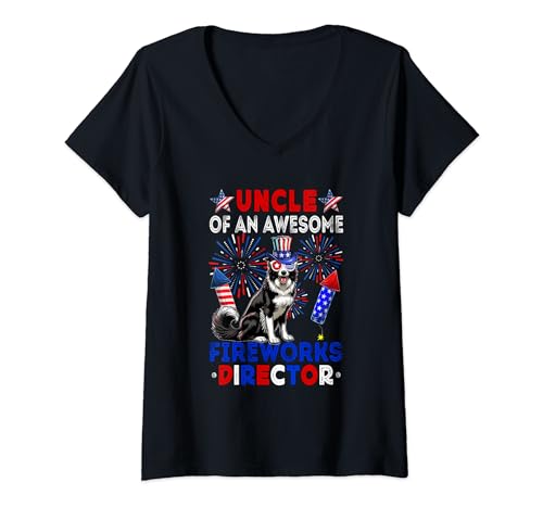 Damen Uncle Of An Awesome Fireworks Director Border Collie T-Shirt mit V-Ausschnitt von Dog 4th Of July Costume