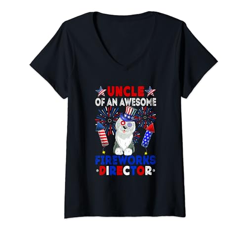 Damen Uncle Of An Awesome Fireworks Director English Sheepdog T-Shirt mit V-Ausschnitt von Dog 4th Of July Costume