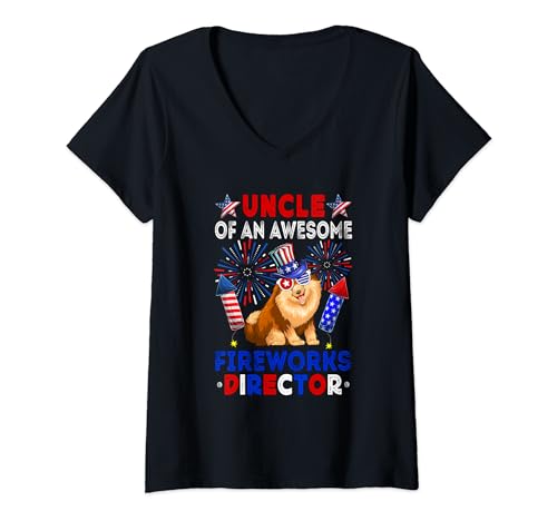 Damen Uncle Of An Awesome Fireworks Director Pomeranian 4th July T-Shirt mit V-Ausschnitt von Dog 4th Of July Costume