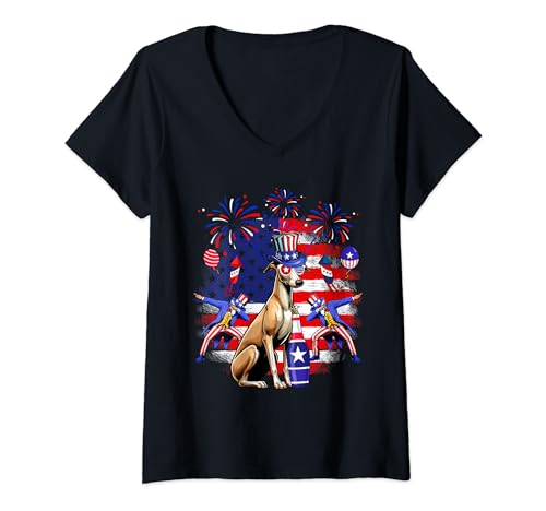 Damen Whippet Sonnenbrille 4. Juli Feuerwerk Patriotischer Besitzer T-Shirt mit V-Ausschnitt von Dog 4th Of July Costume