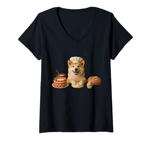 Damen Akita Backen T-Shirt mit V-Ausschnitt von Dog Baking Baker Cake Cookies