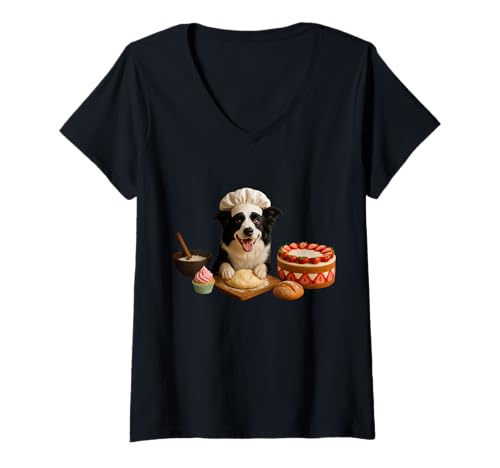 Damen Border Collie Backen T-Shirt mit V-Ausschnitt von Dog Baking Baker Cake Cookies