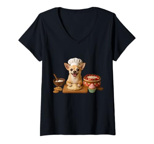 Damen Chihuahua Backen T-Shirt mit V-Ausschnitt von Dog Baking Baker Cake Cookies