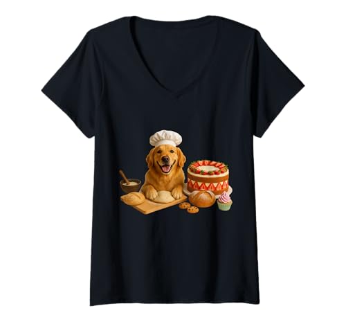 Damen Golden Retriever Backen T-Shirt mit V-Ausschnitt von Dog Baking Baker Cake Cookies