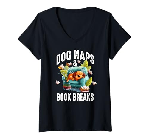 Damen Dog naps and Book Breaks T-Shirt mit V-Ausschnitt von Dog Book Nap Naps Breaks Reading Side Bookmark