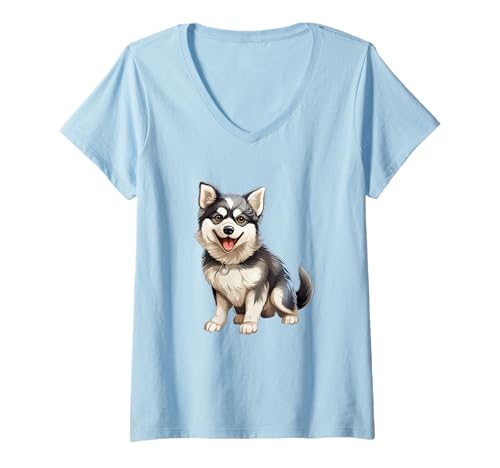 Damen Cartoon-Husky-Hund mit Halsband, niedliches Welpen-Haustier T-Shirt mit V-Ausschnitt Damen Cartoon-Husky-Hund mit Halsband, niedliches Welpen-Haustier T-Shirt mit V-Ausschnitt von Dog Breed Designs