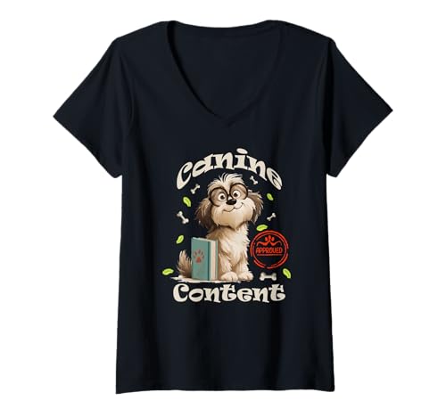 Damen Canine Content T-Shirt mit V-Ausschnitt Damen Canine Content T-Shirt mit V-Ausschnitt von Dog Canine Content Reading Snacks Time Bookmark