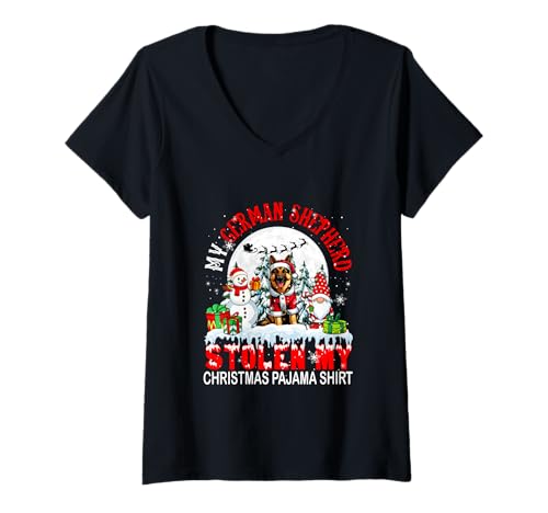 Damen Mein Schäferhund hat Weihnachts-Pyjamahemd gestohlen Weihnachtsmann T-Shirt mit V-Ausschnitt von Dog Christmas Costume