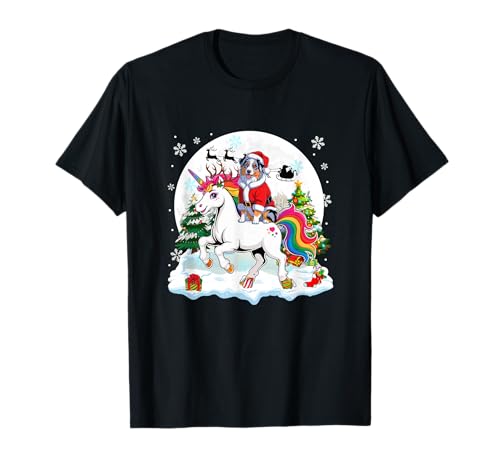 Santa Aussie reitendes Einhorn Rentier Weihnachtsbesitzer Kinder T-Shirt von Dog Christmas Costume
