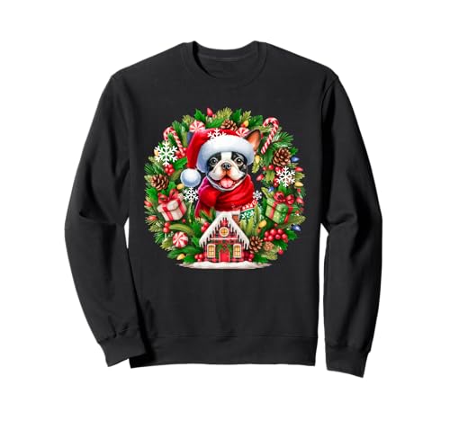 Santa Boston Terrier Weihnachten Floral Circle Besitzer Kinder Sweatshirt von Dog Christmas Costume