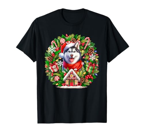 Santa Husky Weihnachten Floral Circle Matching Owner Kids T-Shirt von Dog Christmas Costume