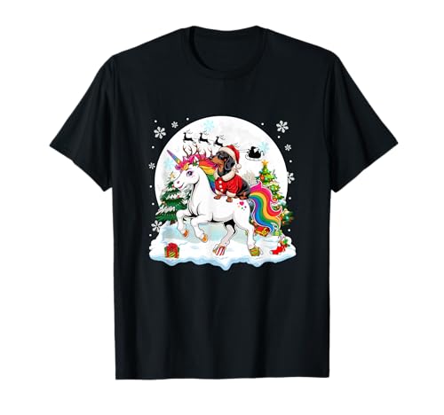 Weihnachtsmann Dackel reitend Einhorn Rentier Weihnachtsbesitzer Kinder T-Shirt von Dog Christmas Costume