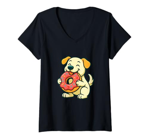Damen Hunde-Donut-Motiv, lustig, Tier, Humor, Grafik T-Shirt mit V-Ausschnitt von Dog Donut Funny Food Animal Lifestyle Apparel