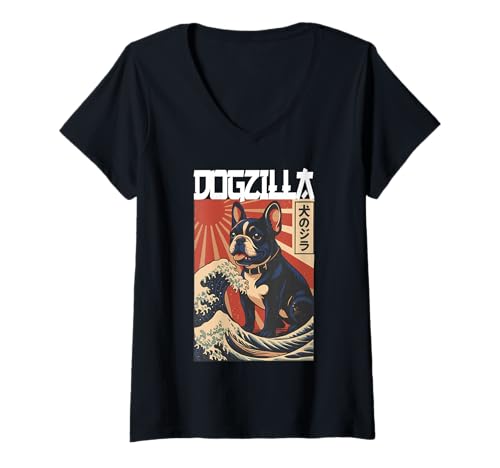 Damen Japanischer Hund Französischer Bullog Dogzilla T-Shirt mit V-Ausschnitt von Dog Giant Japan Lover