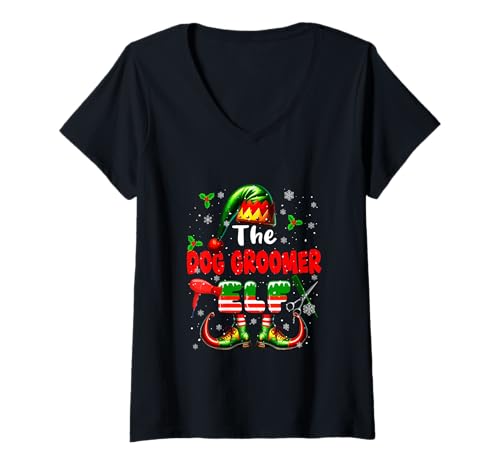 Damen Das Hundefriseur Elf Christmas Job Team Matching Partys T-Shirt mit V-Ausschnitt von Dog Groomer Christmas Costume