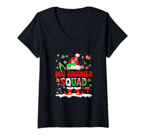 Damen Hundefriseur-Kostüm für Damen, Weihnachtsmannkostüm, Fliege T-Shirt mit V-Ausschnitt von Dog Groomer Christmas Costume