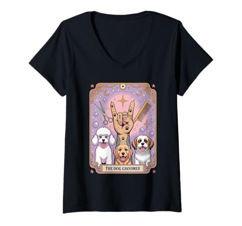 Damen The Dog Groomer Retro Tattoo-inspirierte Tarotkarte Hundeliebhaber T-Shirt mit V-Ausschnitt von Dog Groomer Pawfect Vibes Co.