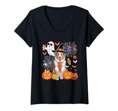 Damen Aussie als Hexe trinkt Kaffee Halloween Boo Ghost T-Shirt mit V-Ausschnitt von Dog Halloween Costume
