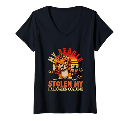 Damen Beagle Stolen My Halloween Kostüm Hund geschnitzter Kürbis T-Shirt mit V-Ausschnitt von Dog Halloween Costume