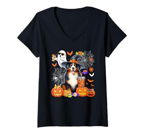 Damen Berner Berg als Hexe trinkt Kaffee Halloween Boo T-Shirt mit V-Ausschnitt Damen Berner Berg als Hexe trinkt Kaffee Halloween Boo T-Shirt mit V-Ausschnitt von Dog Halloween Costume