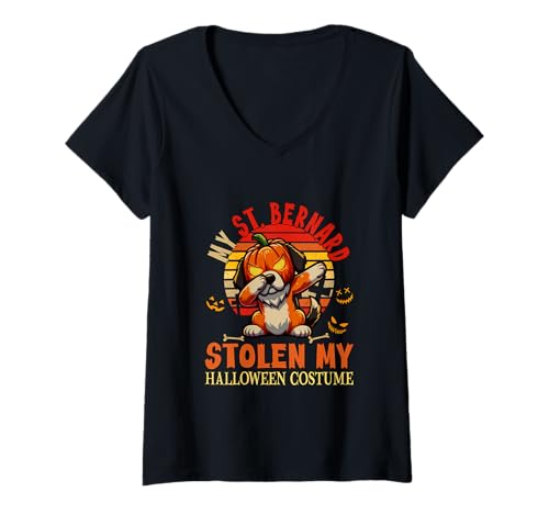 Damen Bernhardiner gestohlen Mein Halloween-Kostüm Hund geschnitzter Kürbis T-Shirt mit V-Ausschnitt von Dog Halloween Costume