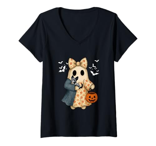 Damen Boo Fliege Umarmung Chihuahua Cosplay Skelett Halloween T-Shirt mit V-Ausschnitt Damen Boo Fliege Umarmung Chihuahua Cosplay Skelett Halloween T-Shirt mit V-Ausschnitt von Dog Halloween Costume