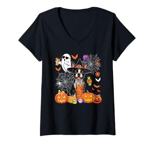 Damen Boston Terrier als Hexe beim Kaffeetrinken Halloween Boo Ghost T-Shirt mit V-Ausschnitt Damen Boston Terrier als Hexe beim Kaffeetrinken Halloween Boo Ghost T-Shirt mit V-Ausschnitt von Dog Halloween Costume